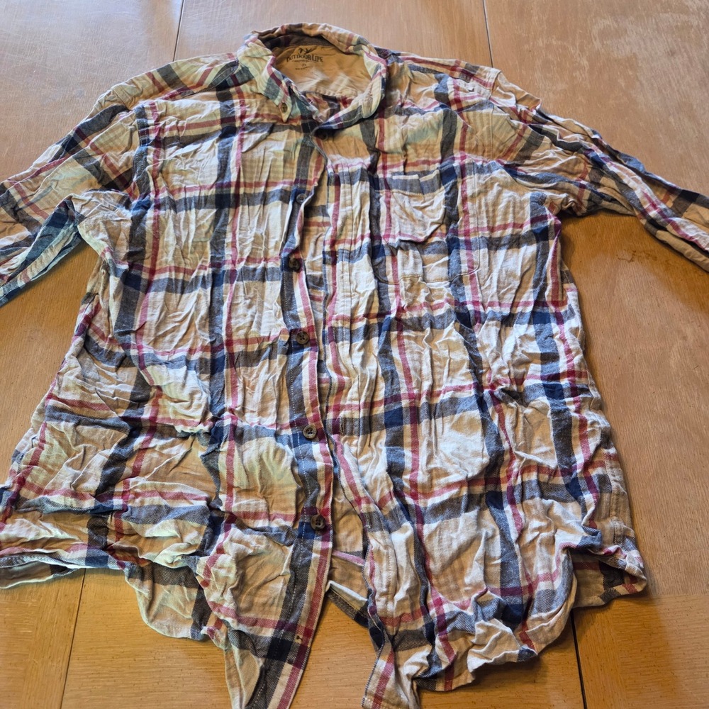 Outdoor Life XL Campside Flannel Shirt Plaid Tan Blue Red Long Sleeve Button